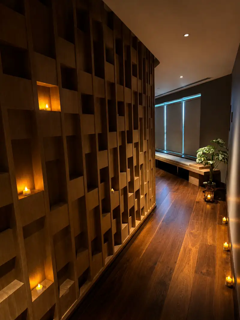 Bella Spa Dubai candlelit corridor with decorative wooden lattice wall